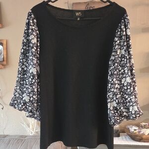 W5 Black Blouse with Floral Patterned Sleeves